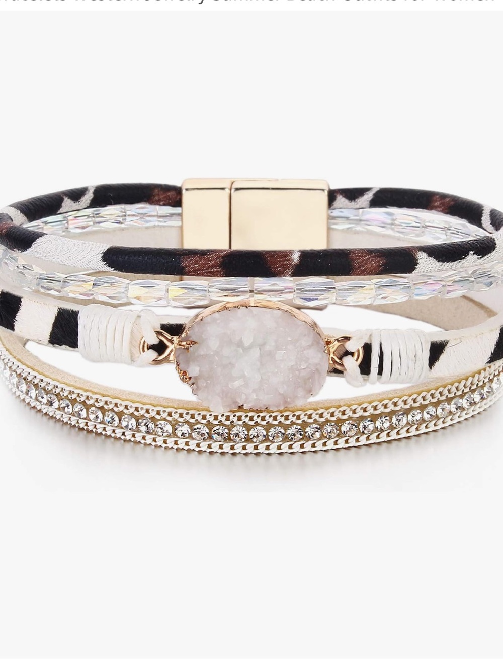 Woman’s Multi Row Leather Wrap Bracelet, Leopard, Crystal Cuff Bracelet, NWT